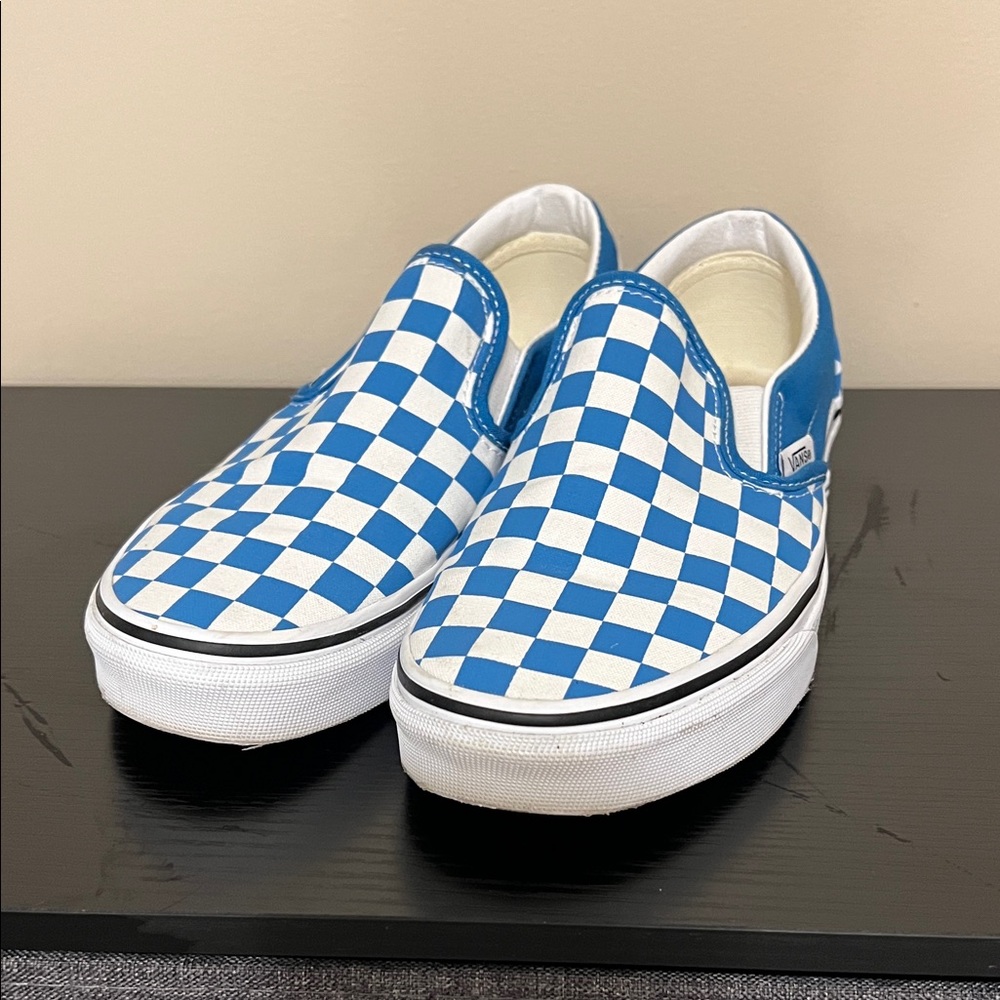 Vans Blue and White Checkered Slip-On Sneakers